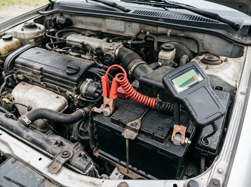 Testador de baterias ligado à bateria de um carro