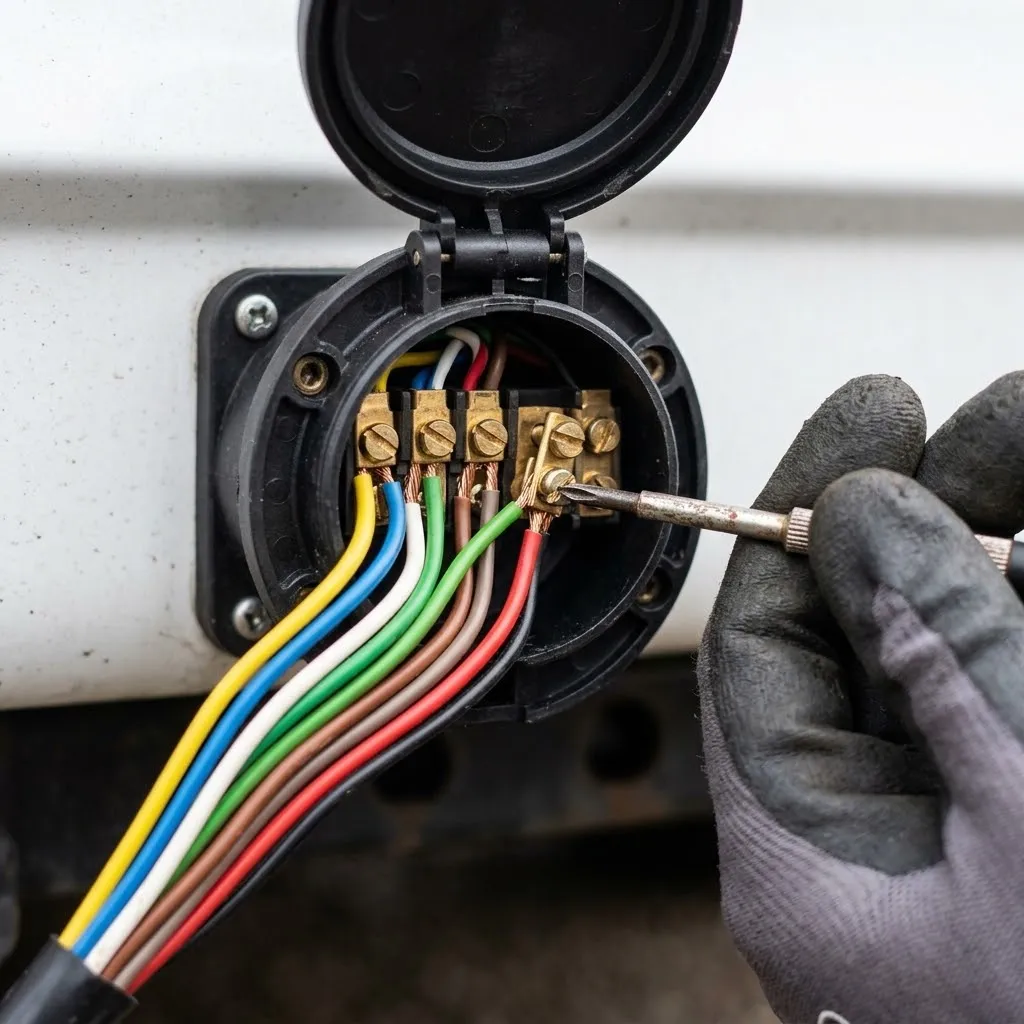 Tomada de reboque de 13 pinos com fios coloridos a ser ligada