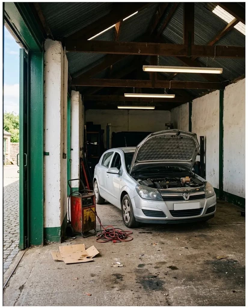 Box coberta da oficina com um carro de capô aberto sob luzes fluorescentes